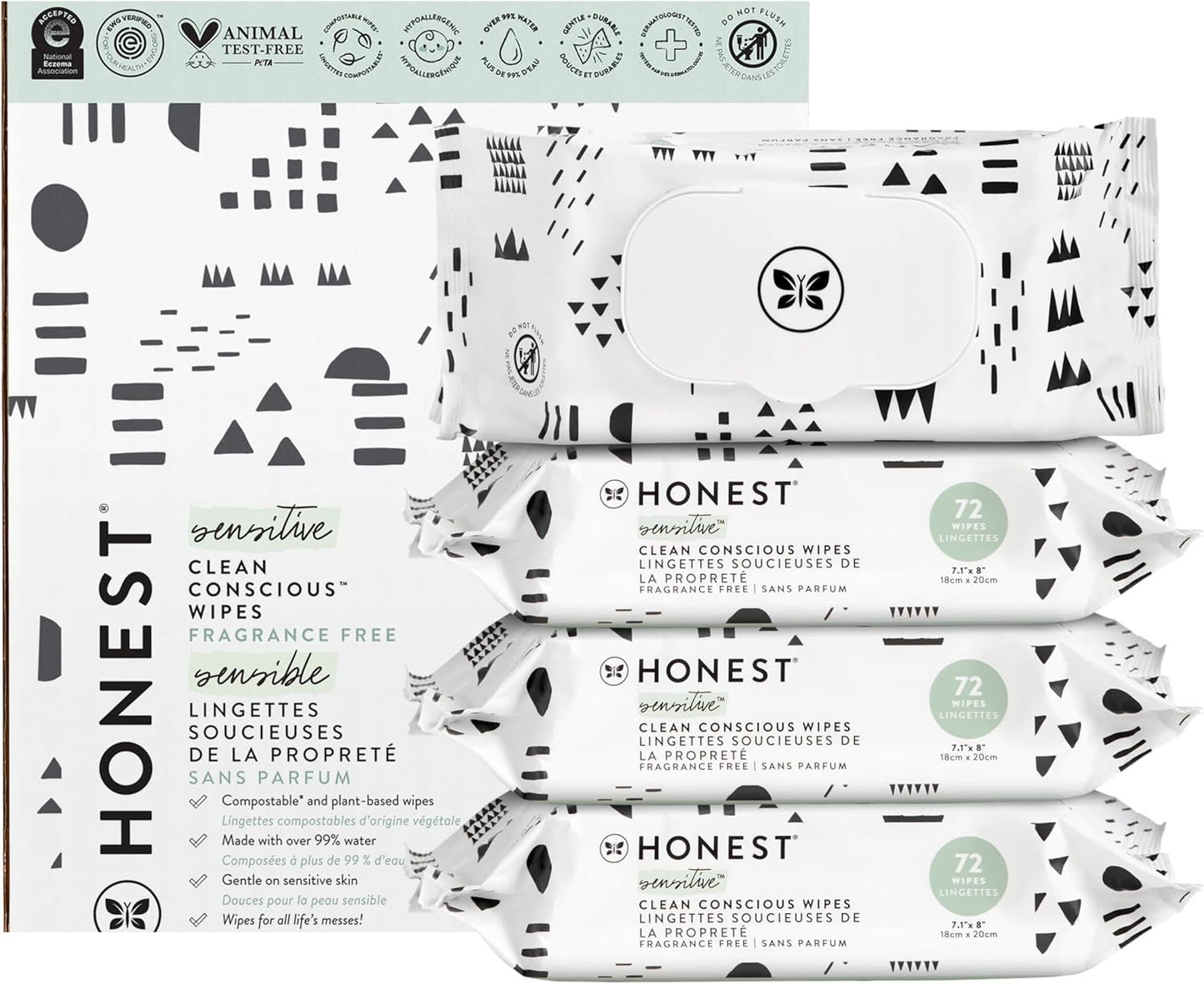 Honest The Company Designer Baby Wipes | Pattern Play | Over 99 Percent Water | Pure & Gentle | Plant-Based | Fragrance Free | Extra Thick & Durable Wet Wipes | 288 Count