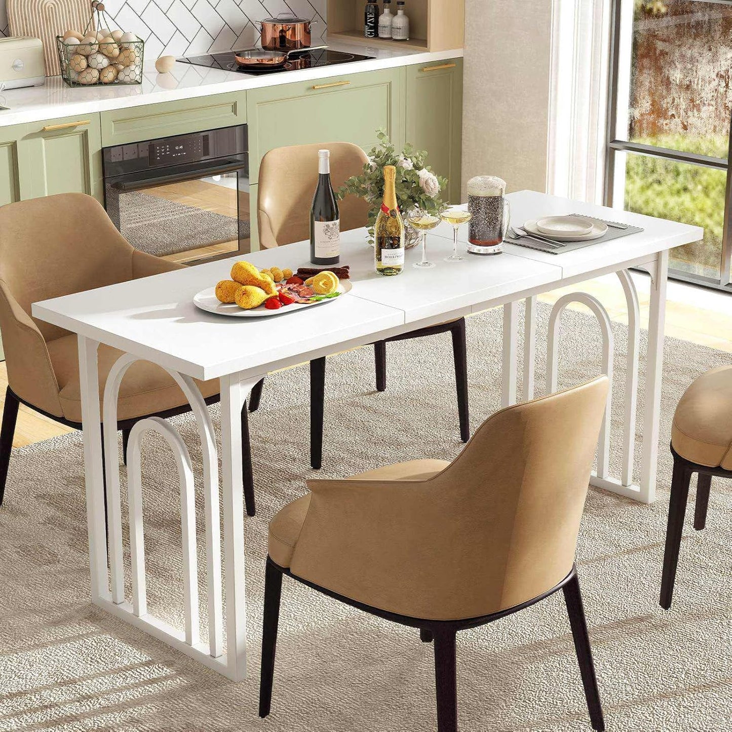 Giantex 160CM Dining Table for 6-8 People, Rectangular Farmhouse Kitchen Table w/Heavy Duty Metal Legs, Large Mid Century Dinner Table for Dining Room, Living Room, Restaurant, White