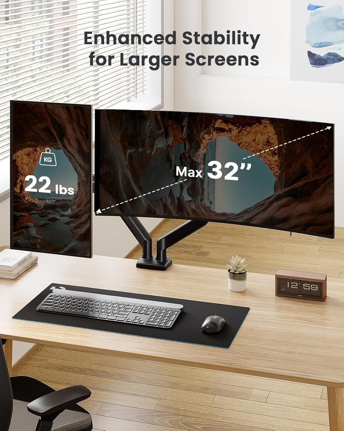 ErGear Dual Monitor Mount, Gas Spring Arm for 17"-32" Screens, Max 22 lbs Each, VESA 75/100mm, Adjustable Height, 180° Swivel, Tilt, 360° Rotation, Sturdy Steel for Office Use
