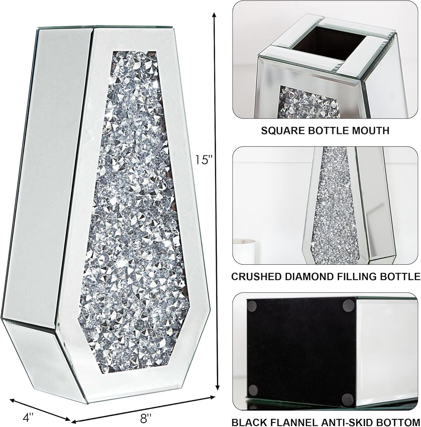 Crushed Diamond Flower Vases Decorative Large Clear Glass Mirrored Vase Silver Crystal Vase for Home Decor Can Not Hold Water,36H cm