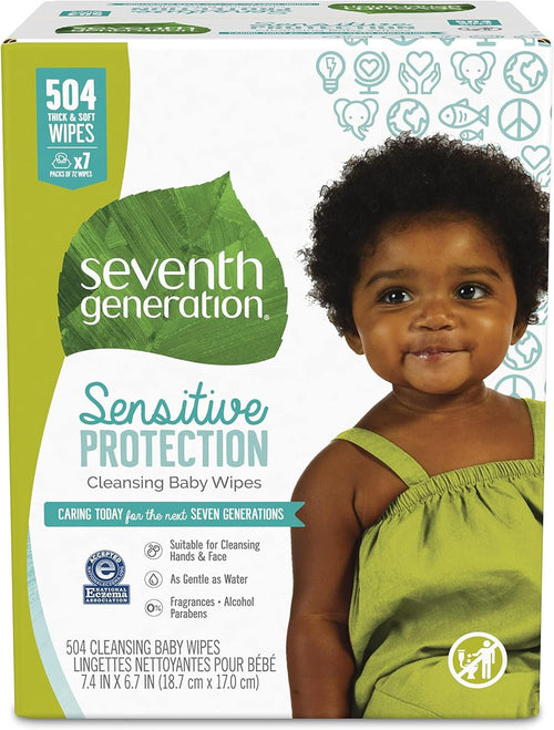 Seventh Generation Baby Wipes, Free & Clear Unscented and Sensitive, Gentle as Water, with Flip Top Dispenser, 504 count