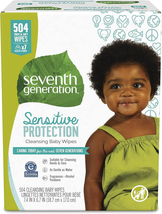 Seventh Generation Baby Wipes, Free & Clear Unscented and Sensitive, Gentle as Water, with Flip Top Dispenser, 504 count