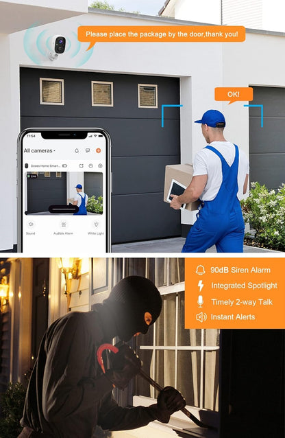 Dzees Outdoor Camera Wireless, Battery Powered WiFi Surveillance Camera for Home Security System with Siren Alarm & Spotlight, Motion Detection, Color Night Vision, IP65 Waterproof Cloud/SD-2-Pack