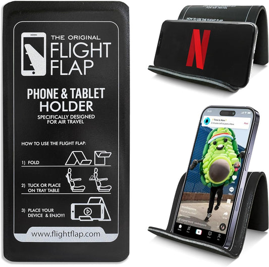 Flight Flap Airplane Phone Holder, Flexible Cell Phone Holder, Folding Cellphone Stand for Desk, Bed, Office, Treadmill - Airplane Accessories Long Flight Travel - Plane Essentials (Original Black)