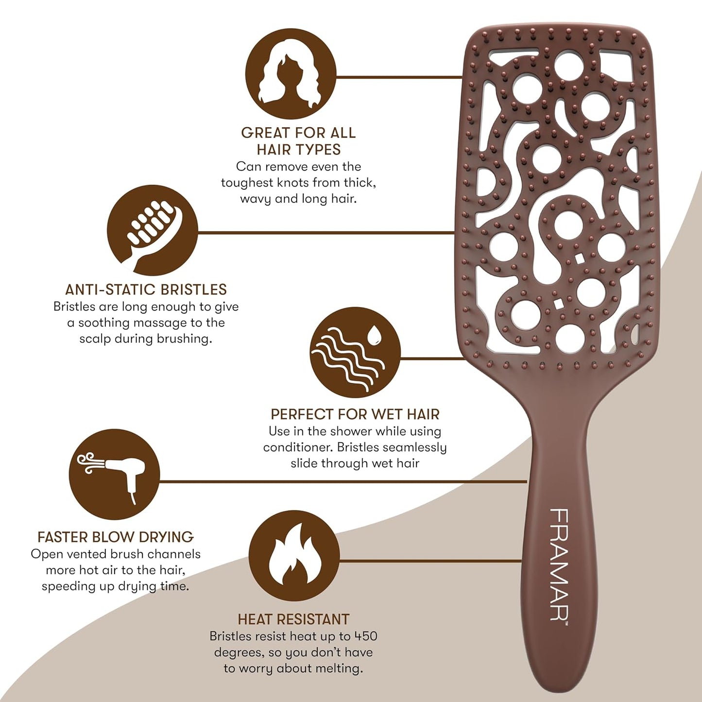 FRAMAR Professional Vented Hair Brush – Curved Hair Brush For Blow Drying, Wet Paddle Brush For Hair, Vent Brush For Blow Drying, Wet Hairbrush For Women – Heat Resistant – Chocolate