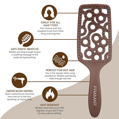 FRAMAR Professional Vented Hair Brush – Curved Hair Brush For Blow Drying, Wet Paddle Brush For Hair, Vent Brush For Blow Drying, Wet Hairbrush For Women – Heat Resistant – Chocolate