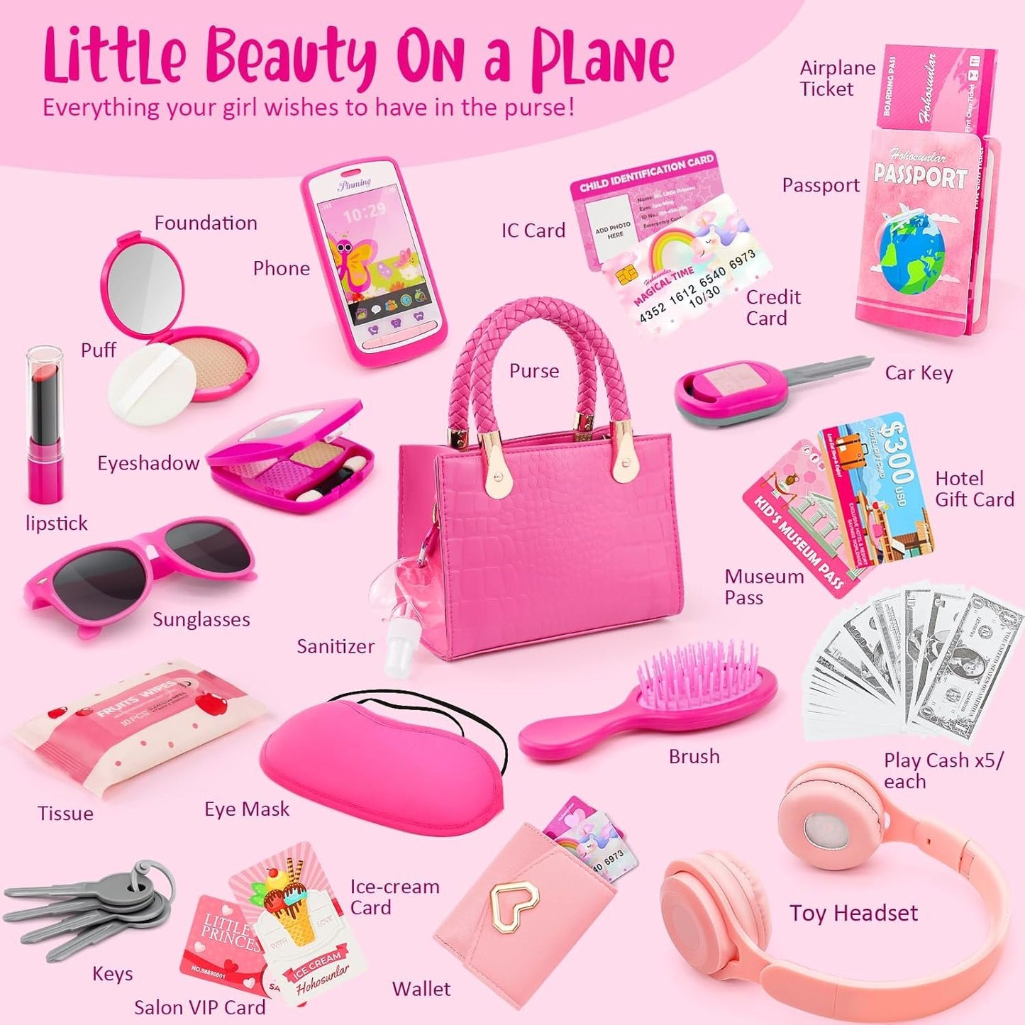 Little Girl Purse with Pretend Makeup for Toddlers, 49PCS Kids Play Purse Set - Princess Toy Accessories, Pretend Play Headset Wallet Phones Sunglasses Keys Credit Cards Birthday Gift for Girls Age 3+