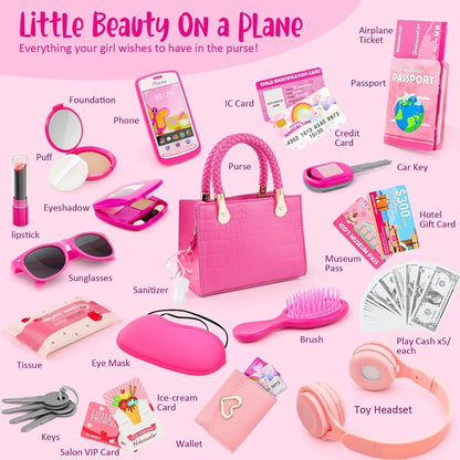 Little Girl Purse with Pretend Makeup for Toddlers, 49PCS Kids Play Purse Set - Princess Toy Accessories, Pretend Play Headset Wallet Phones Sunglasses Keys Credit Cards Birthday Gift for Girls Age 3+