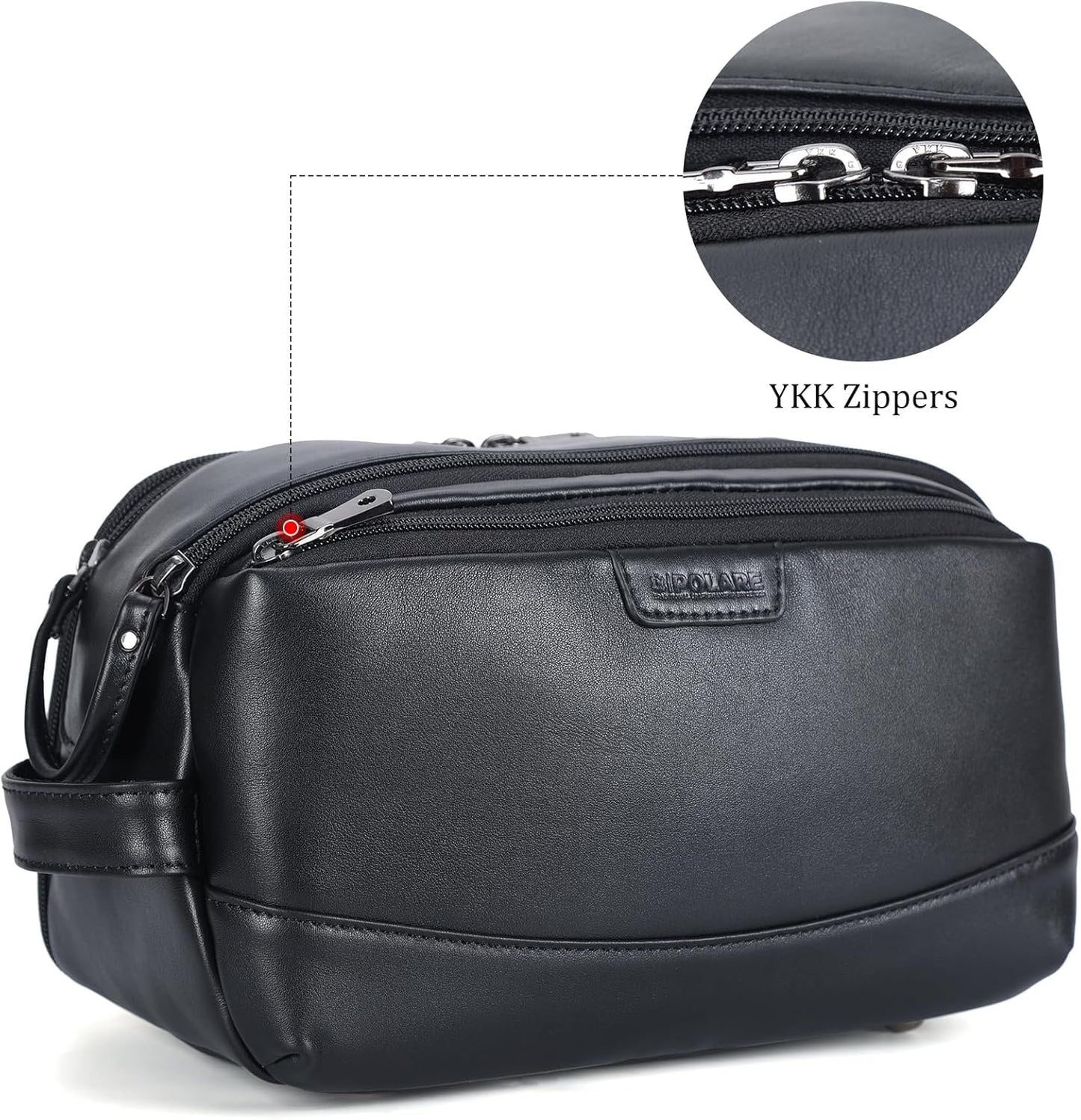 Polare Napa Leather Toiletry Bag for Men Large Travel Cosmetic Case Dopp Kit Shaving Kit Wash Pouch with YKK Zippers (Black)