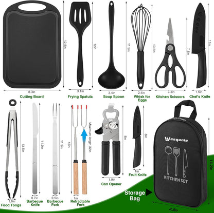 Wesqunie Camping Cooking Cookware Kitchen Set - Camp Accessories Cook Utensils Kit, Camping Essentials BBQ Silicone Mess Kit for Backpacking Gear, Camping Must Haves Equipment