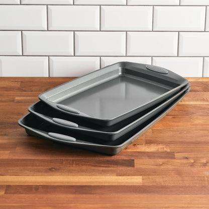 Rachael Ray 47577 3-Piece Cookie Pan Steel Baking Sheet Set, Sea Salt Gray Grips