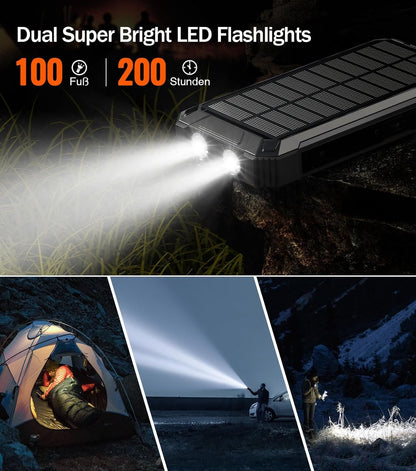 GOODaaa Wireless Solar Power Bank Portable Charger 26800mAh Built in 4 Cables Six Outputs 15W Fast Charging Power Bank for All Mobile Devices Three Inputs Solar Portable Charger with Dual Flashlights