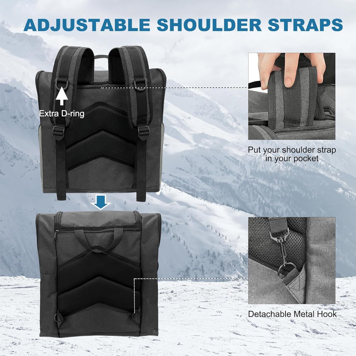 Ski Boot Bag Backpack, Ski Bags for Air Travel, Ski bag and Snowboard Boot Bag, Store Ski Gear and Transport Helmet Goggles Gloves Clothing, Great for Men, Women and Youth