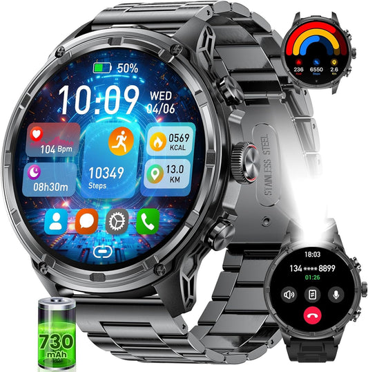 Smart Watches for Men with 800mAh 30days Standby Battery LED Flashlight Big IPS Screen Answer/Make Call 5ATM Waterproof 100+ Sports Mode Pedometer Android iOS Military Smartwatch for Men