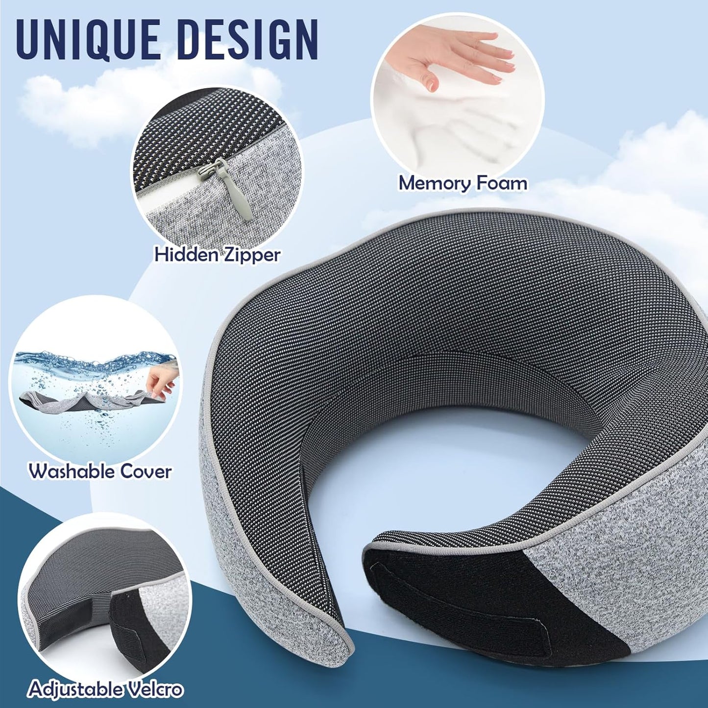 Neck Pillow Travel Head Rest, Memory Foam Comfortable & Breathable Soft U Shaped Pillows for Travel Airplane,Business Trip Neck and Shoulder Support with Luxury Bag,3D Contoured Washable Cover (Grey)