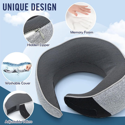 Neck Pillow Travel Head Rest, Memory Foam Comfortable & Breathable Soft U Shaped Pillows for Travel Airplane,Business Trip Neck and Shoulder Support with Luxury Bag,3D Contoured Washable Cover (Grey)