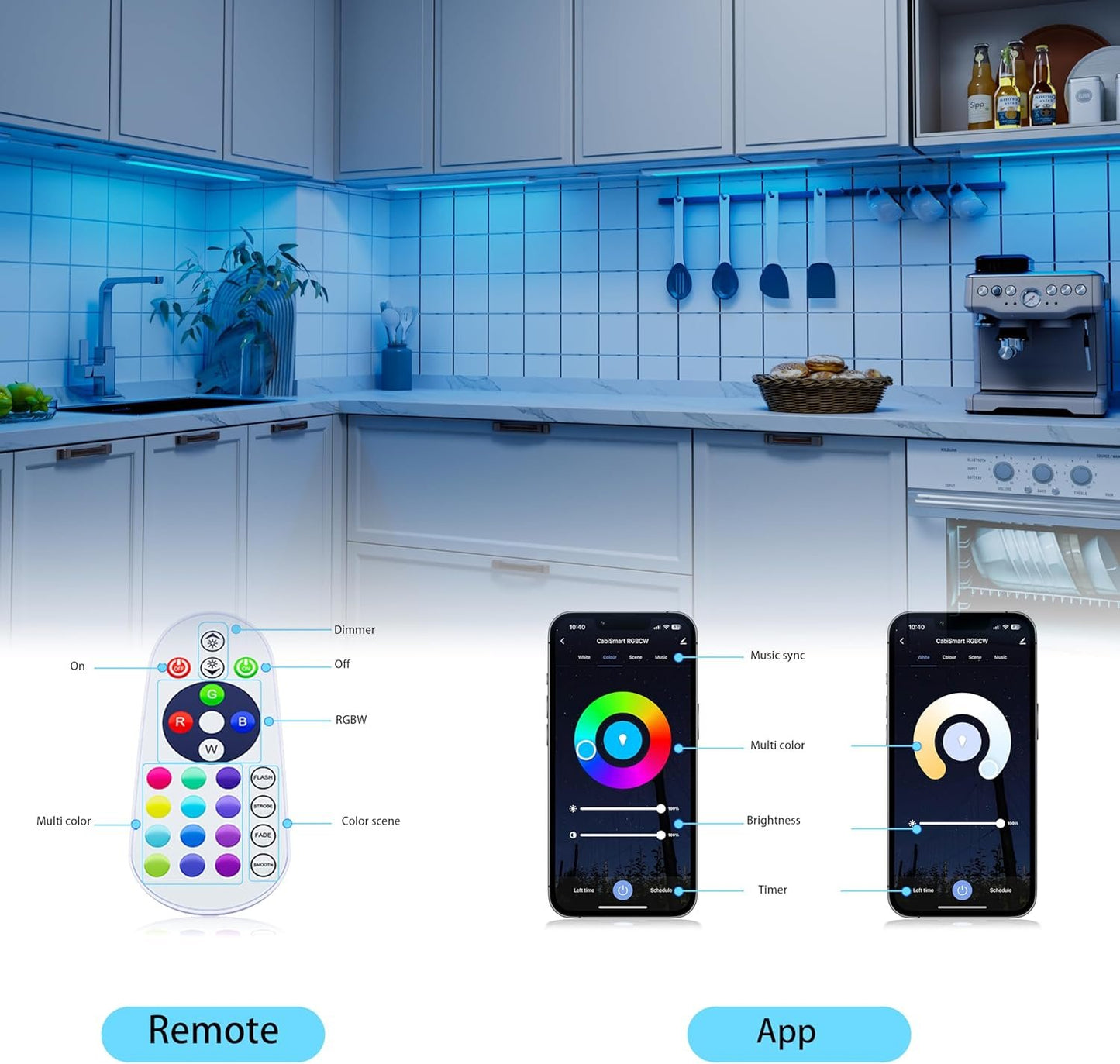 Smart Under Cabinet Lighting Works with Alexa,Google Assistant,Under Counter Light for Kitchen Plug In,RGB Color Changing & White Dimmable,Smart APP,Remote Control Cabinet LED Lights Bar,Linkable,6pcs