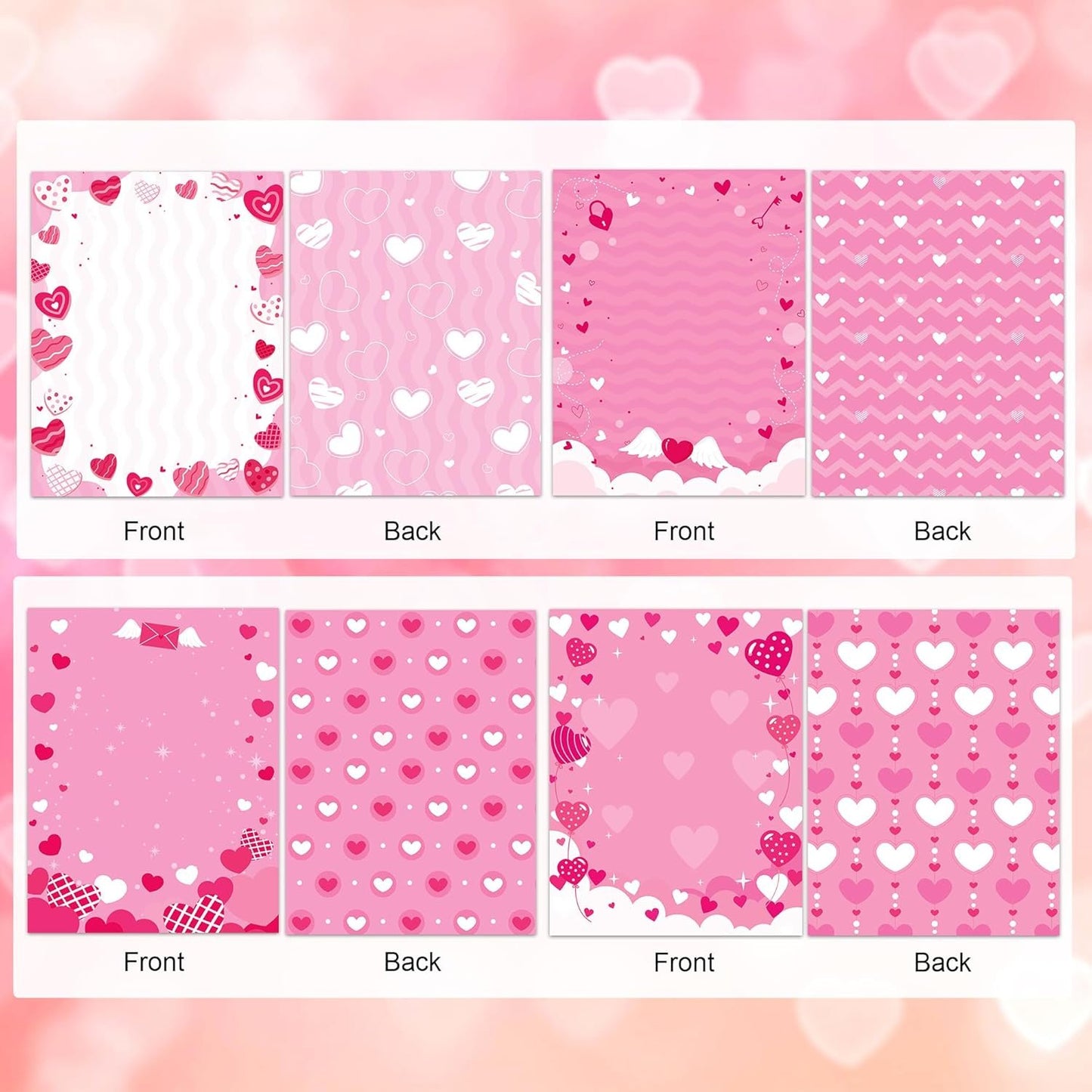 GLKTOPO 60 Sheets Valentine's Day Stationery Paper A4 Border Letterhead - Double Sided Pink Love Festival Writing Letter Paper for Notes Cards Invitation Crafts Printing Supplies - 8.5" x 11"