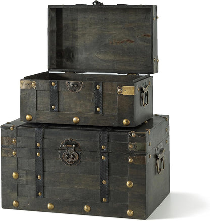 SLPR Alexander Wooden Trunk Chest with Straps (Set of 2, Rustic Brown) | Decorative Treasure Box
