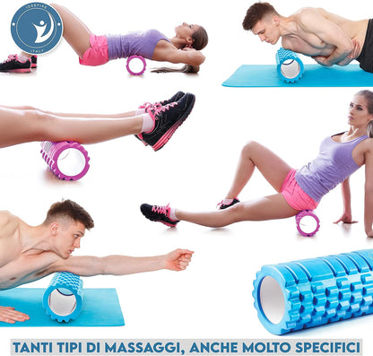 Muscle Massage Roller and Elastic Fitness Bands, Foam Roller for Pilates, Yoga, Stretching and Muscle Recovery, Complete Kit for Home and Gym Training, Support up to 120 kg (Light Blue)