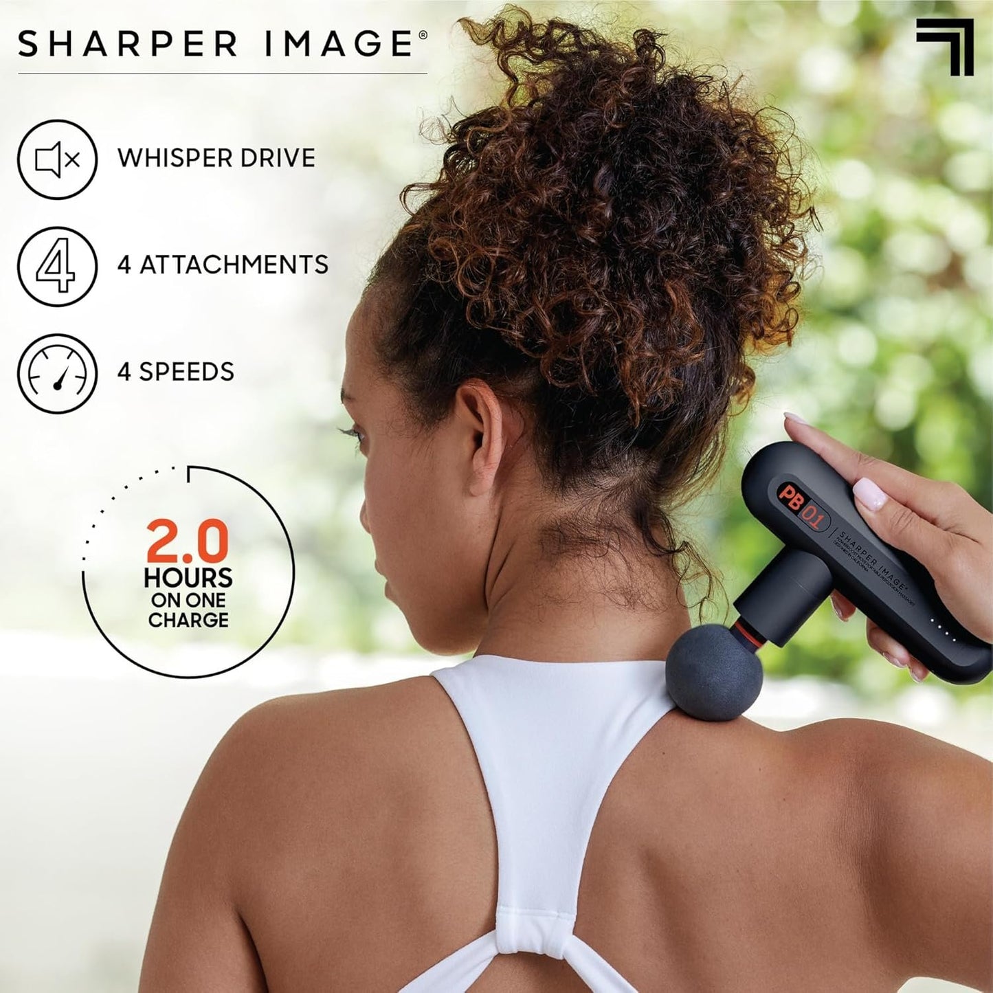 Sharper Image Deep Tissue Portable Percussion Massage Gun, Powerboost Move Full Body, Back & Neck Muscle Massager with 4 Attachments - Handheld Rechargeable Electric Massage Gun for Athletes