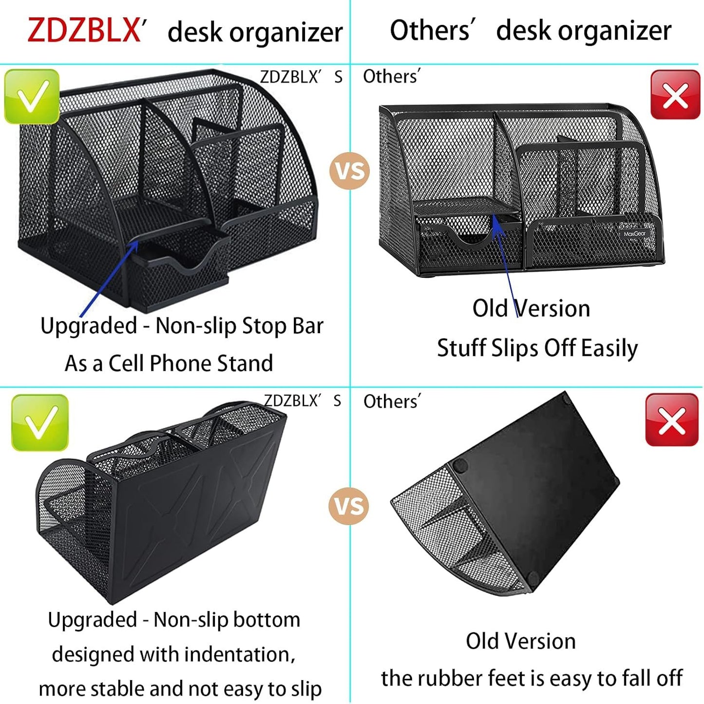 ZDZBLX Desk Organizers, Metal Mesh Stationery Desktop Organizer, Pen Holder Desk Organizer and Storage Office Supplies Desk Accessories Essentials Caddy with Drawer for Home, Office, School (Black)