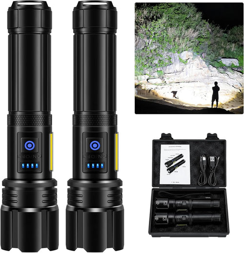 Rechargeable Flashlight 300000 Lumens, BCOTE 2 Pack Super Bright LED Flashlight Camping, Brightest High Powerful Handheld Flashlights-7 Modes with COB Light, IPX7 Waterproof Home Outdoor Flash Light