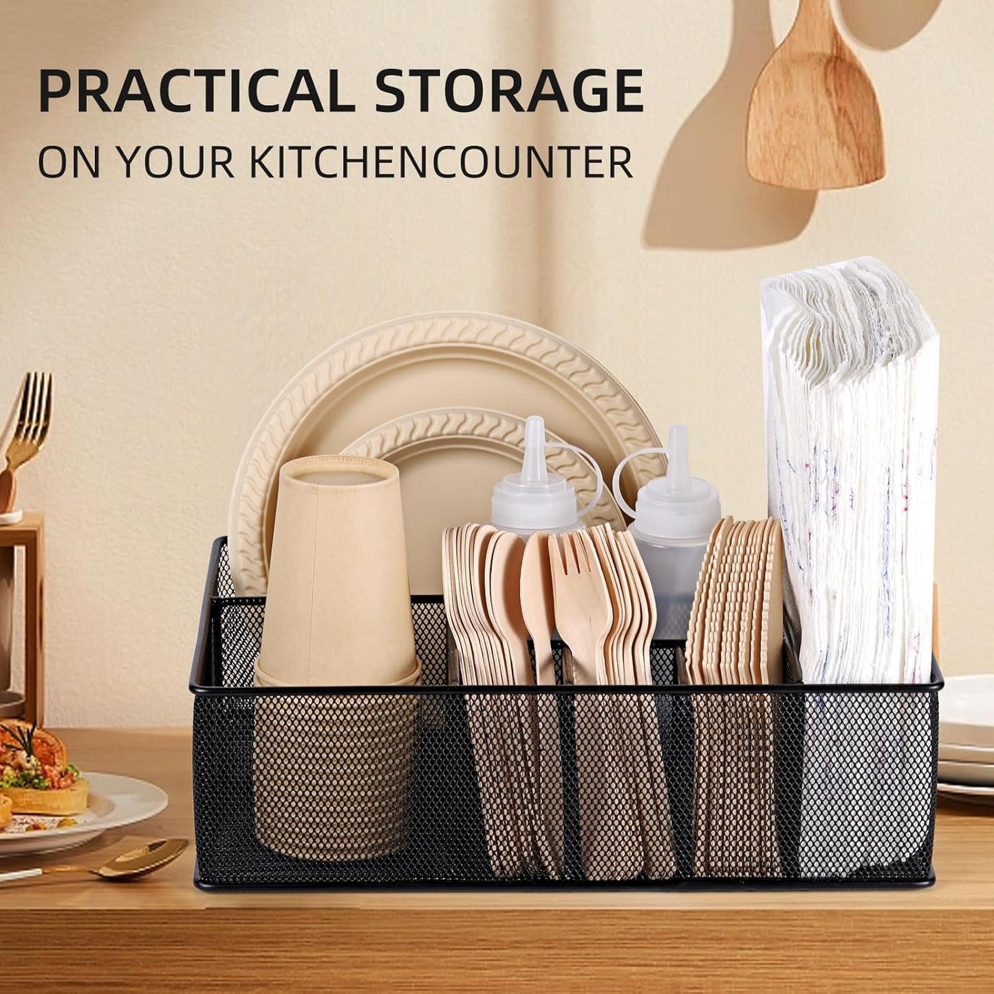GOFULLHOME Paper Plate Organizer for Countertop, Metal Silverware Caddy Cutlery, Flatware Organizer Storage Box With 7 Compartments for Plates, Cups, Napkins