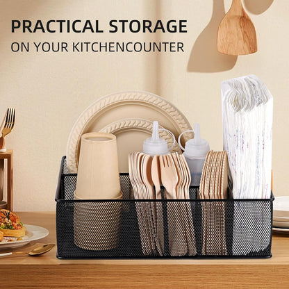 GOFULLHOME Paper Plate Organizer for Countertop, Metal Silverware Caddy Cutlery, Flatware Organizer Storage Box With 7 Compartments for Plates, Cups, Napkins