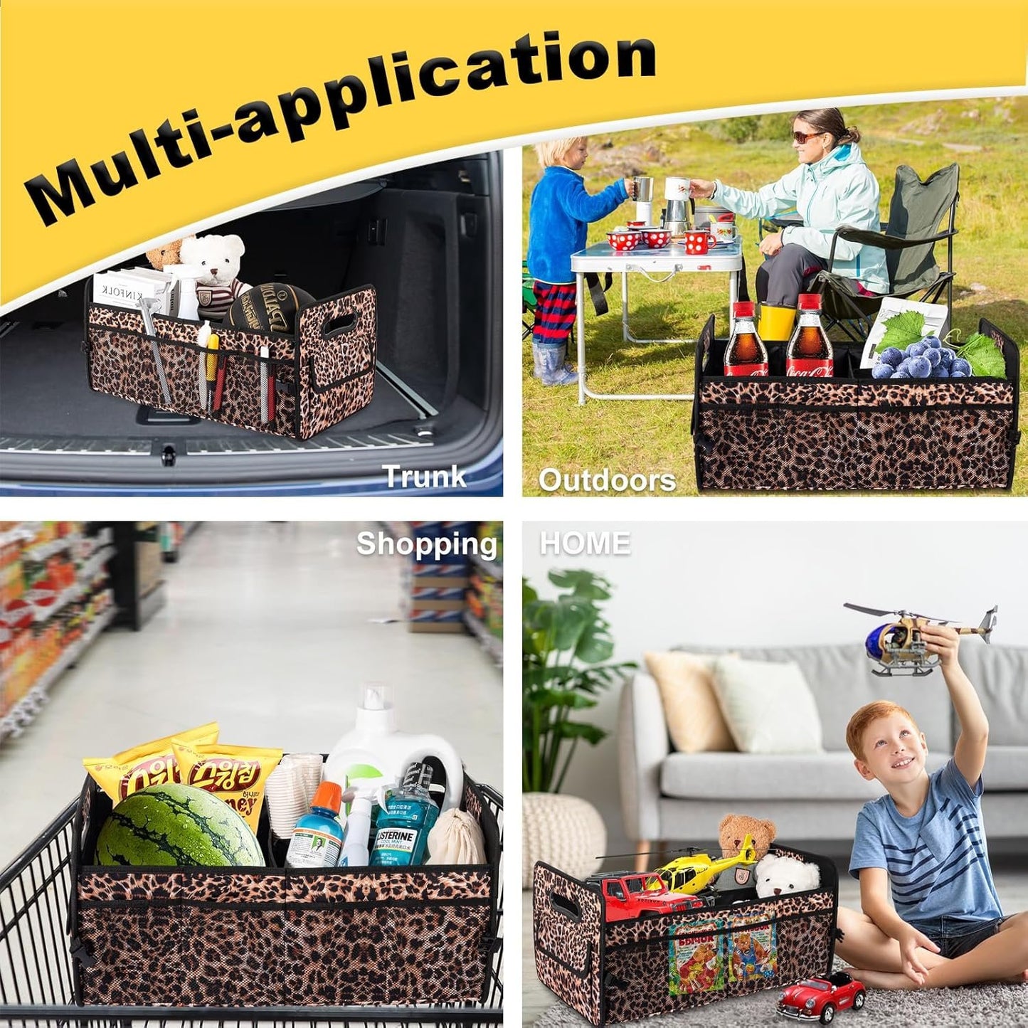 JiatuA Car Trunk Organizer, Car Organizers and Storage Collapsible Multi Compartment Container Box, Adjustable Car Accessories for SUV Sedan Truck, Standard Size, Leopard print