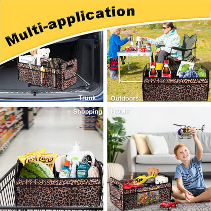 JiatuA Car Trunk Organizer, Car Organizers and Storage Collapsible Multi Compartment Container Box, Adjustable Car Accessories for SUV Sedan Truck, Standard Size, Leopard print