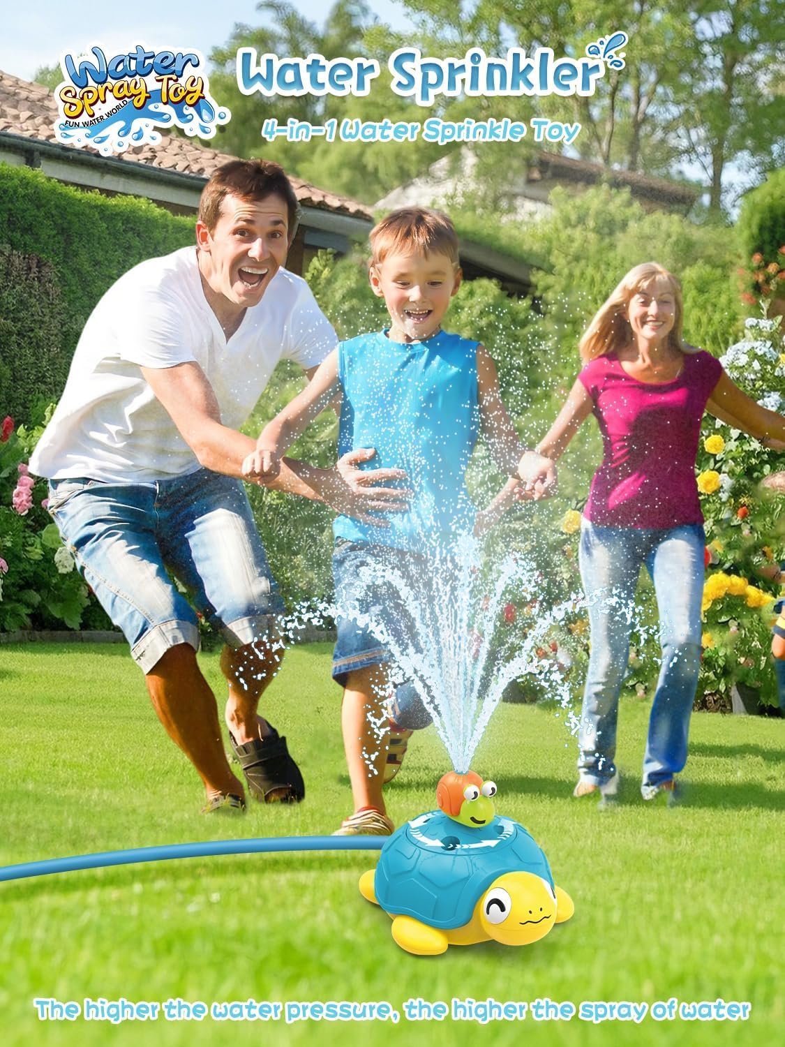 4 in 1 Turtle Water Sprinkler for Kids, Outdoor Toys with Snail Splash, Ring Toss, Baseball Game & Hurdle Play, 360°Roating Spray Summer Fun Backyard Garden Lawn for Toddlers Kids Boys Girl 3-12 Gifts