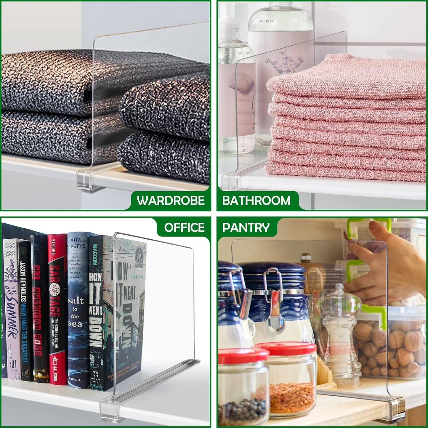 Consevisen Shelf Dividers for Closet Organization and Storage, 8 Pack Acrylic Clear Closet Shelf Dividers for Wood Shelves, Vertical Sweater Handbag Purse Organizer for Bedroom Kitchen Office