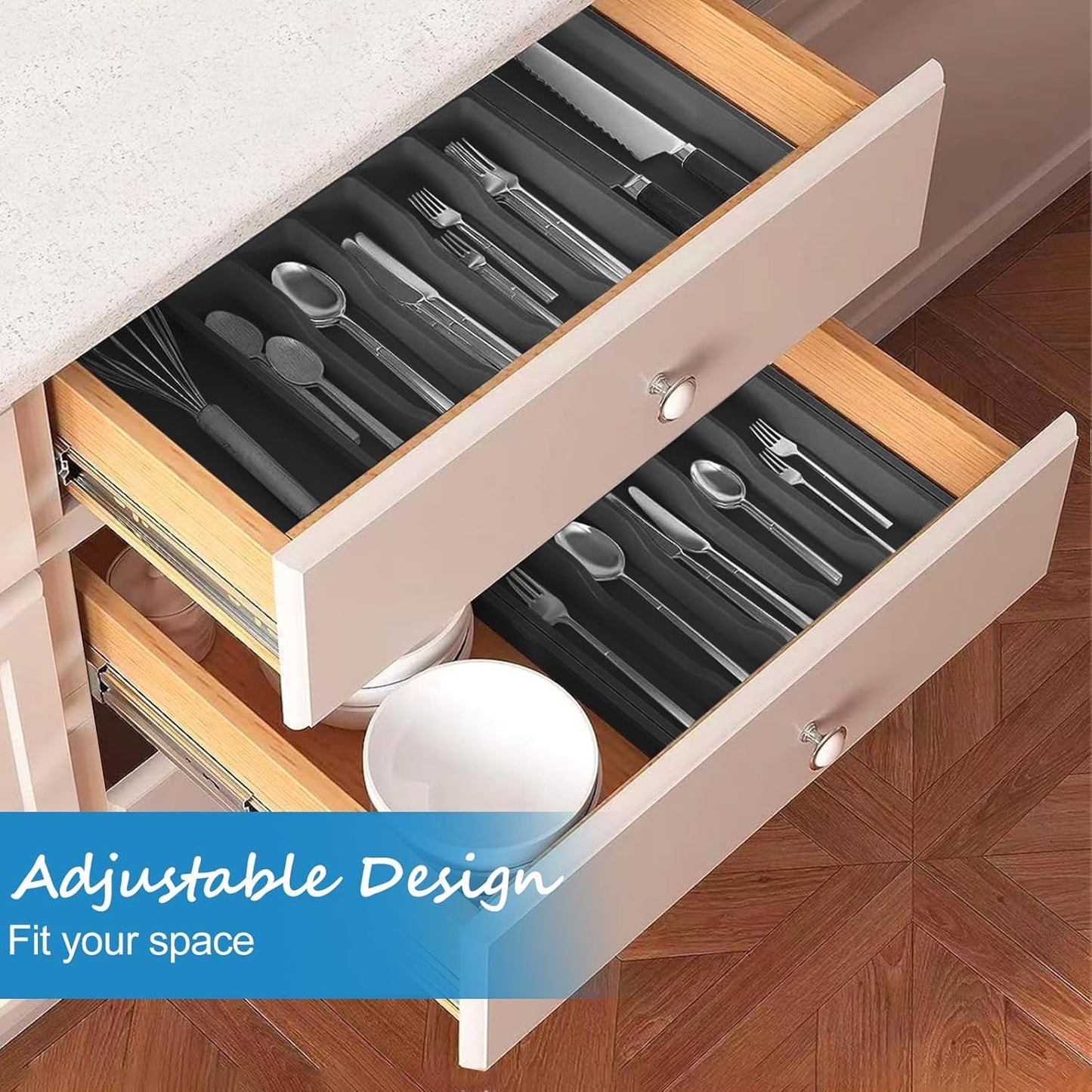 RayLove Utensil Drawer Organizer, Adjustable Cutlery Holder, Large Expandable Tray for Kitchen, Plastic Kitchen Spatula and Tool and Gadget Divider, Black