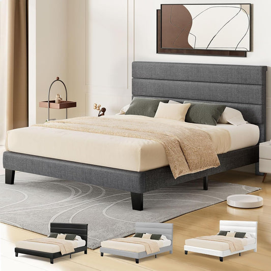 ALFORDSON Bed Frame Base Queen Size with Headboard, Bed Platform Foundation with Linen Fabric Upholstered for Mattress Topper, Harlene Series Fabric Grey