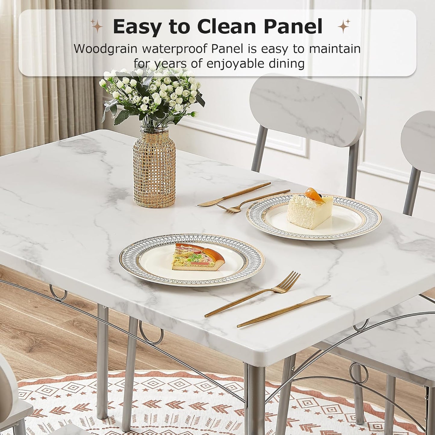 VECELO Dining Table Set for 4, 5-Piece Kitchen Table with 4 Chairs, MDF Board Tabletop with Metal Frame for Small Space, Compact Dinette, Breakfast Nook, White