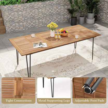 Tangkula 86.5-Inch Patio Dining Table, Indoor & Outdoor Dining Table w/Acacia Wood Tabletop & Metal Legs, Rectangular Wood Table w/Umbrella Hole for Patio Yard Deck, for 8 People