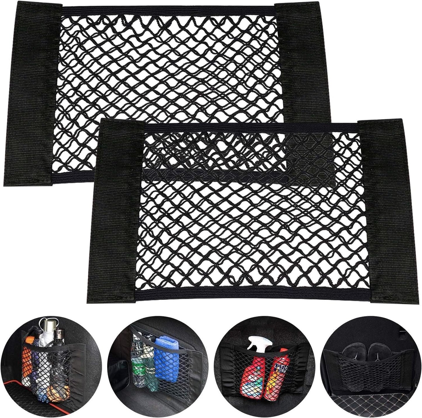 Yharnamite 2 Pcs Universal Mesh Cargo Net, Stretchable Storage Net with Tape Stickers, Wall Sticker Organizer Pouch Bag, Car Trunk Storage Organizer Net for Car, SUV, RV (15.7 x 9.8inch)
