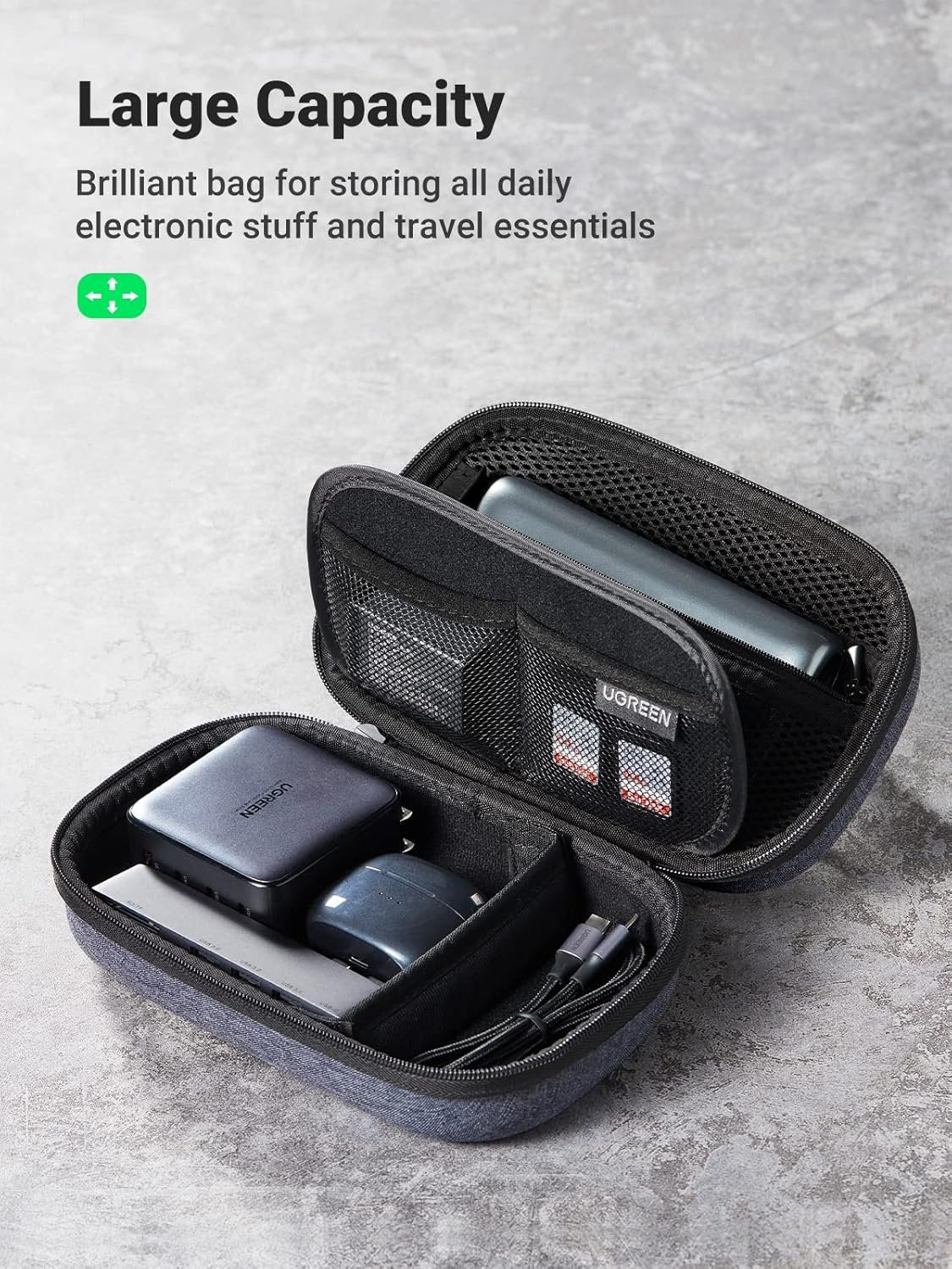 UGREEN Travel Case Gadget Bag, Portable Electronics Accessories Organiser, Cable Tidy Storage Box Pouch, with Double Layer, Zipper, Snap Hook, Carrying Strap, Small, Grey