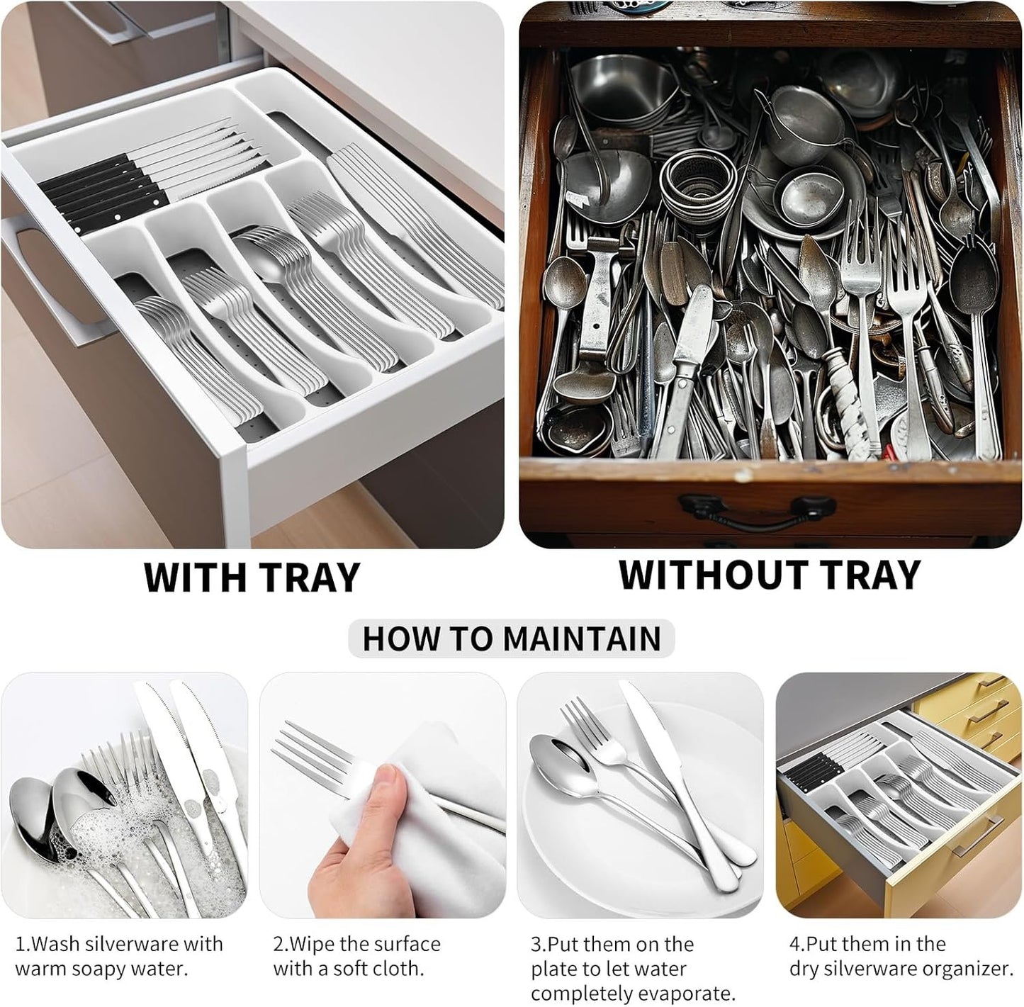 Silverware Set with Organizer, 53PCS Stainless Steel Flatware Set for 8 Steak Knives, Include Spoons and Forks Set & Serving Utensils, Mirror Polished, Dishwasher Safe, Silver