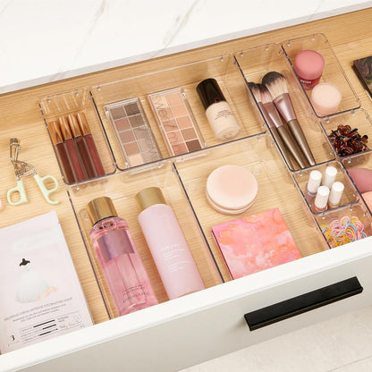 Vtopmart 10 Pcs Makeup Drawer Organizer Bins Set, 4 Size Plastic Makeup and Vanity Organizer Trays, Clear Acrylic Vanity Storage Containers for Cosmetics, Toiletries, Jewelry, Gadgets, Office Supply