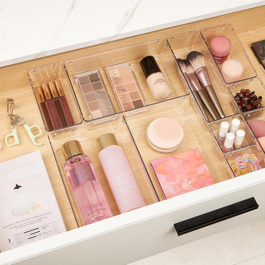 Vtopmart 10 Pcs Makeup Drawer Organizer Bins Set, 4 Size Plastic Makeup and Vanity Organizer Trays, Clear Acrylic Vanity Storage Containers for Cosmetics, Toiletries, Jewelry, Gadgets, Office Supply