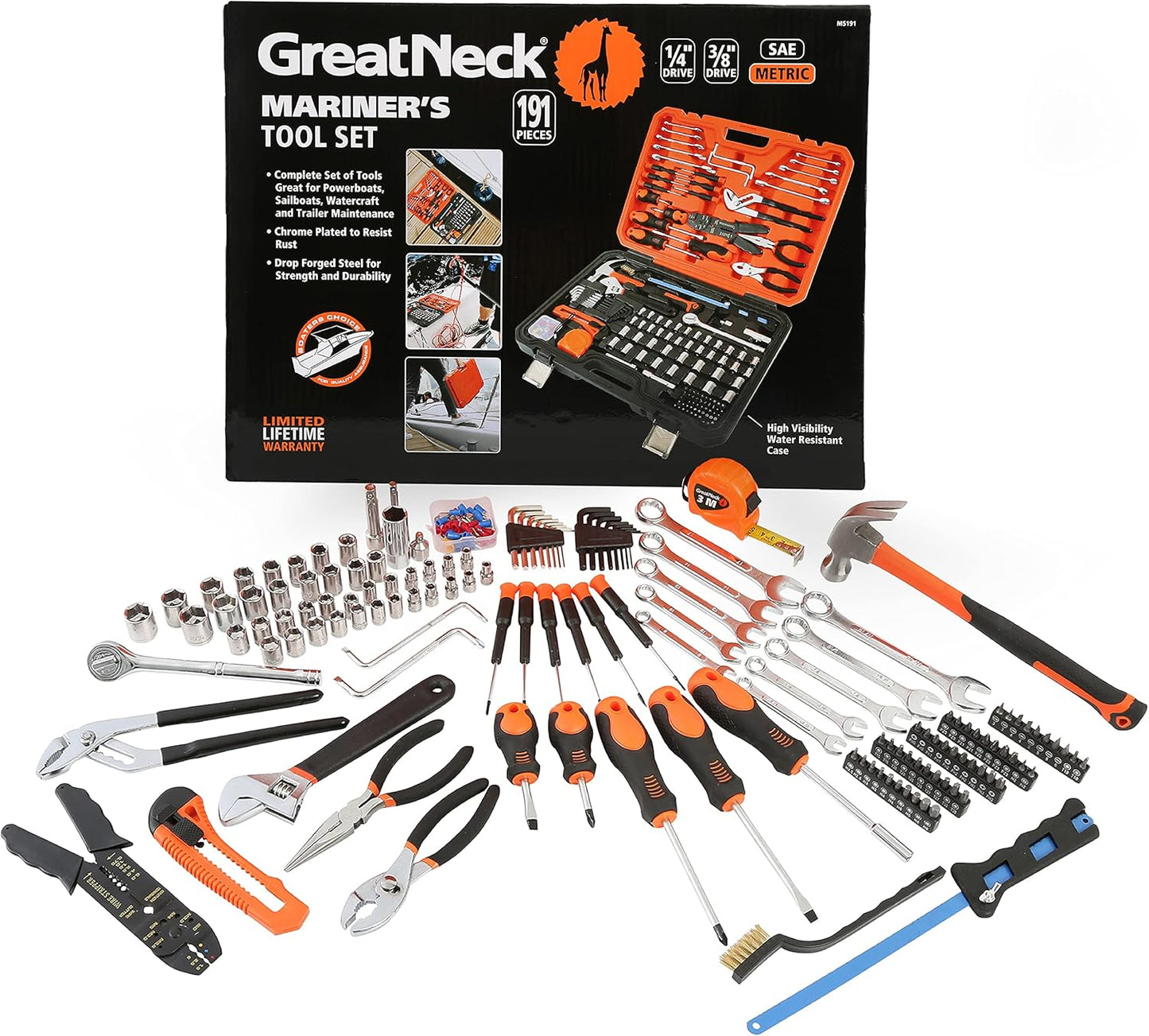 Great Neck 191 Piece Marine Tool Set, Versatile Boat Tool Kit, Water Resistant Marine Tool Kit Case, Emergency Marine Tool Kit for Boats, Chrome Plated, Orange (MS191)