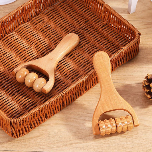 Wooden Roller Massager (5.9 in) - Portable Three Wheel Body Massage Tool for Deep Tissue, Muscle Relief, and Stress Reduction