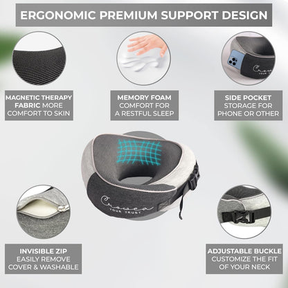 Crowea Neck Pillow - 100% Pure Memory Foam Neck Travel Pillow with 360 Degree Comfortable & Breathable Head and Neck Support, Includes Updated Luxury Bag & Earplugs for Airplane, Car (Black & Grey)