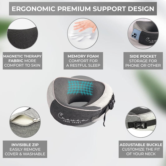 Crowea Neck Pillow - 100% Pure Memory Foam Neck Travel Pillow with 360 Degree Comfortable & Breathable Head and Neck Support, Includes Updated Luxury Bag & Earplugs for Airplane, Car (Black & Grey)