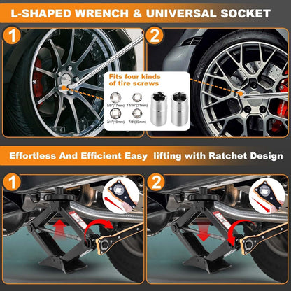 Upgrade 3 in 1 Car Jack Kit for Tesla Model Y/3/S/X, Coupe,Sedan,SUV,MPV&Truck,Scissor Jack 2.5 Ton/5512lbs Universal Car Emergency Kit with Lug Wrench Spare Tire Repair Tools