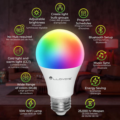 E26 Smart Bulb - Ampoule Intelligente - Alexa Compatible + Google Home Compliant, Colour Changing, LED Smart Light Bulb (10W) Dimmable from The App - Works with 2.4 GHz WiFi