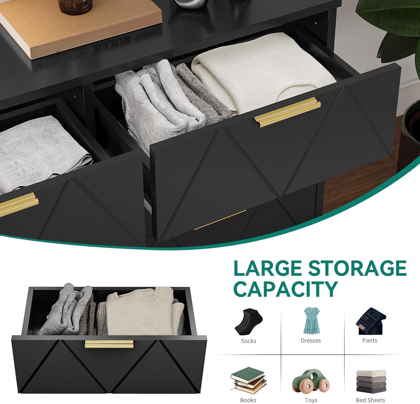 YITAHOME Bedroom Chest of Drawers 6 Contemporary Drawers Bedroom Furniture Large Wooden Chest of Drawers Sliding Drawer Office Living Room Furniture Black