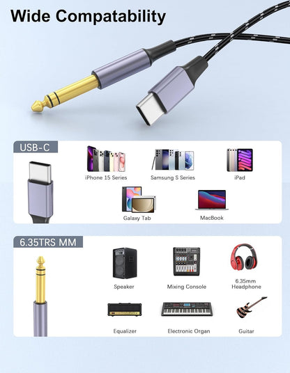 DCNETWORK USB-C to 6.35mm 1/4 inch TS Audio Cable, Gold Plated USB Type C to 1/4" Male Mono Interconnect Aux Adapter Cable Compatible with iPhone 15/16 Series, 3.3Feet